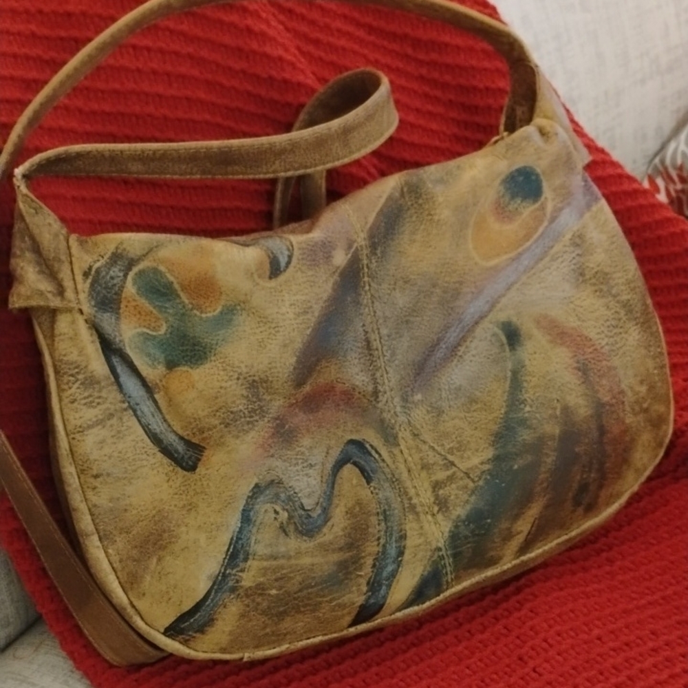 Vintage Handpainted Distressed Leather Shoulder Bag